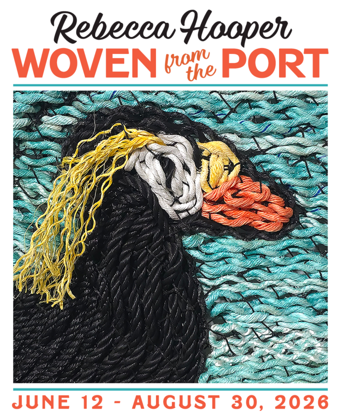 Poster featuring woven artwork by Rebecca Hooper and featuring the name of the exhibit - Woven from the Port.