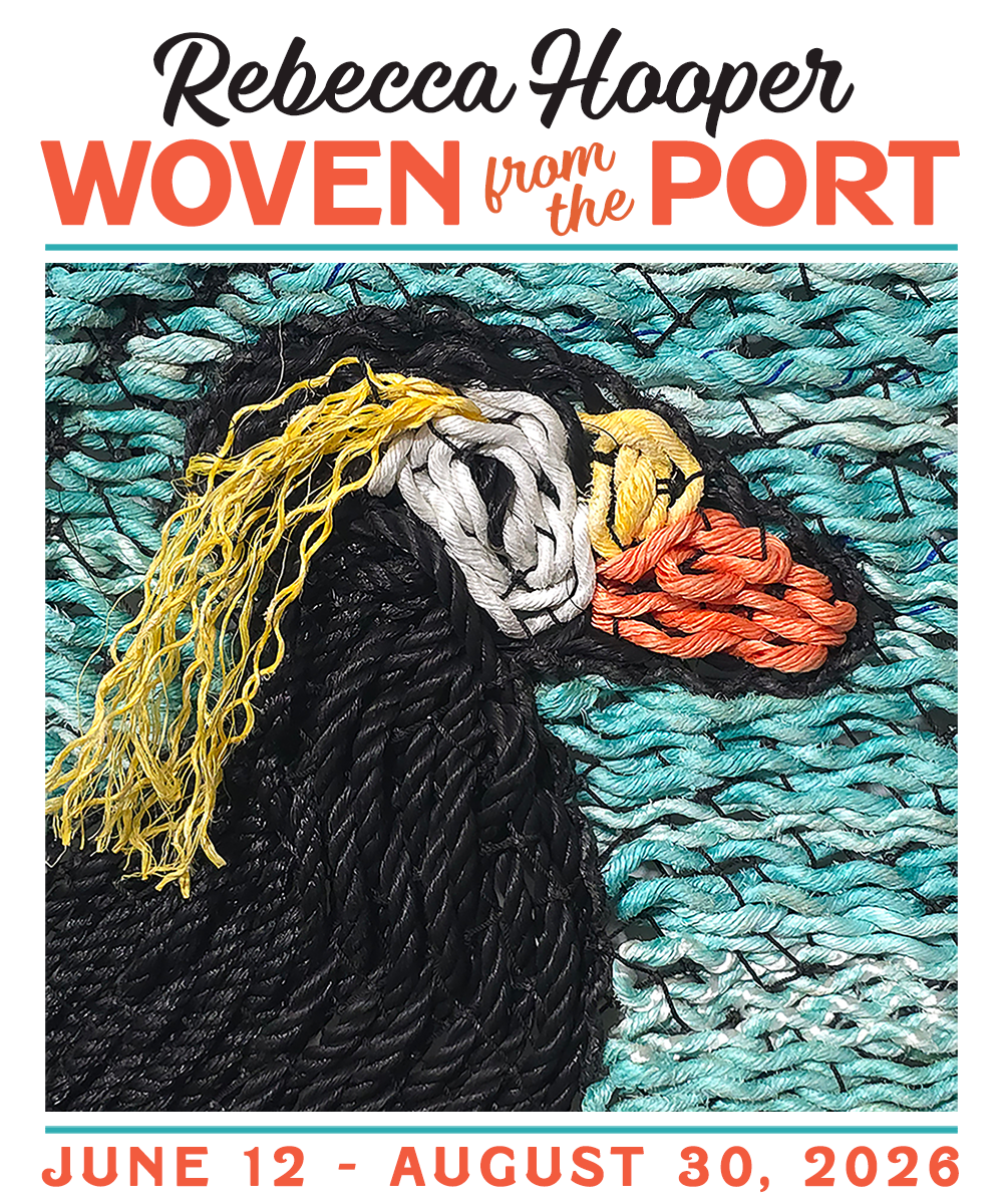 Poster featuring woven artwork by Rebecca Hooper and featuring the name of the exhibit - Woven from the Port.