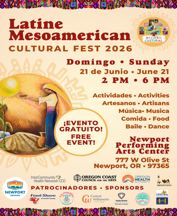 Poster for Latine Mesoamerican Cultural Festival presented by Arcoiris Cultural at Newport Performing Arts Center on June 21, 2026.