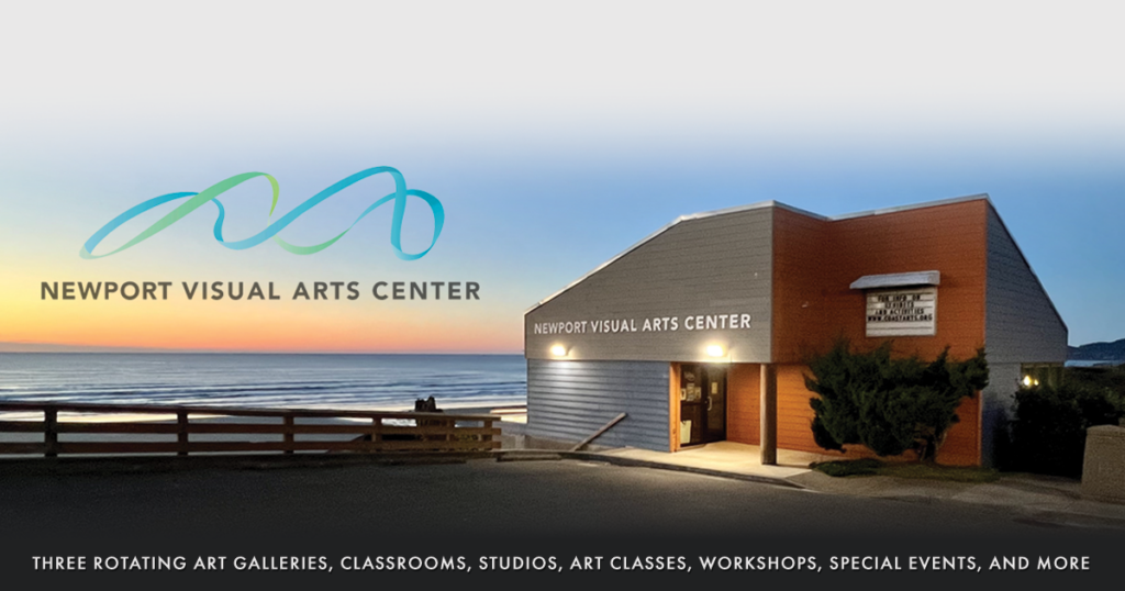 Photograph of Newport Visual Arts Center at Sunset with the Pacific Ocean in the background and a logo in the foreground.